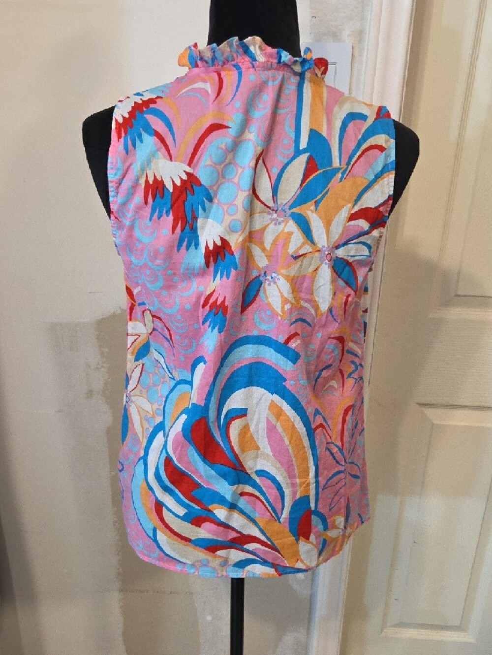 Talbots Pink Floral-Print Ruffle Henley Camisole Sleeveless Button Summer Light - Picture 4 of 8